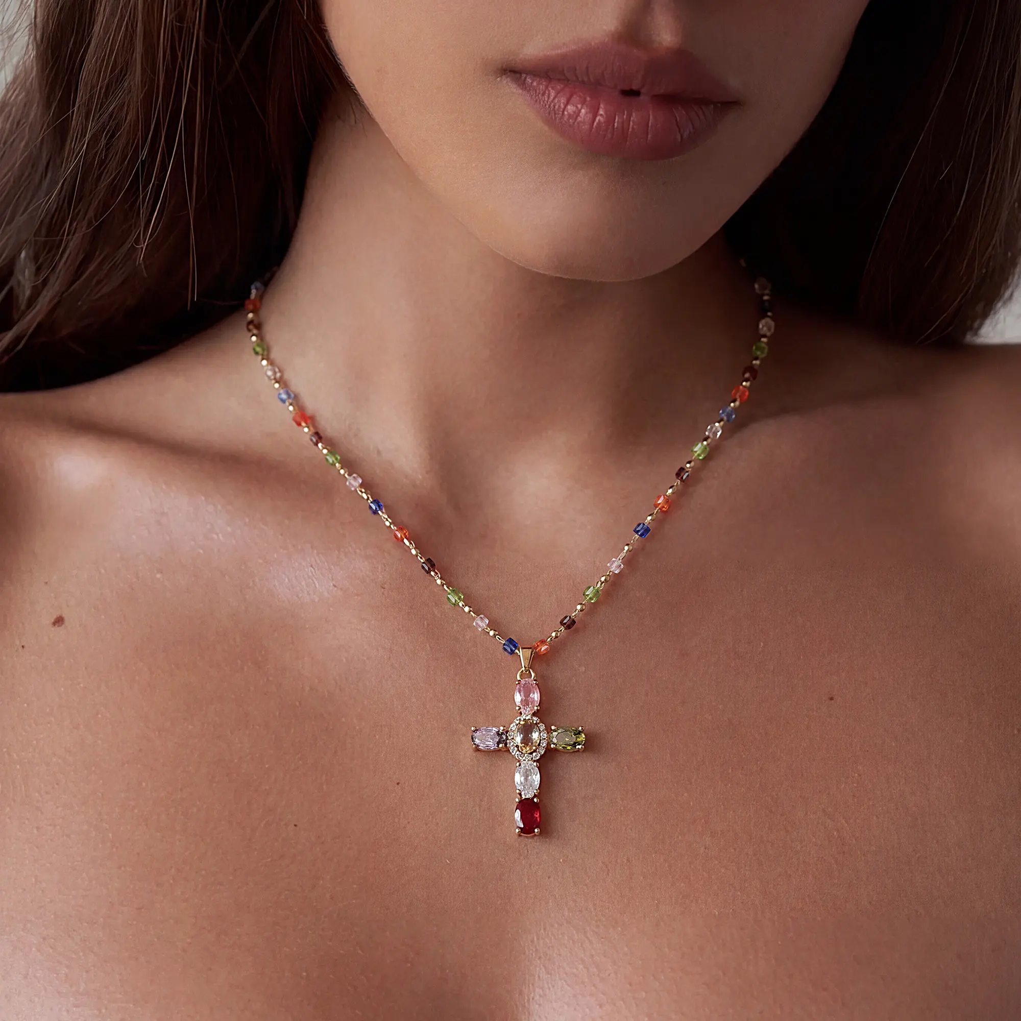 LAST DAY 49% OFF🔥14K Gold-Plated Gold Spacer Beads / Multicolor Cubic Zirconia Cross Pendant Necklace