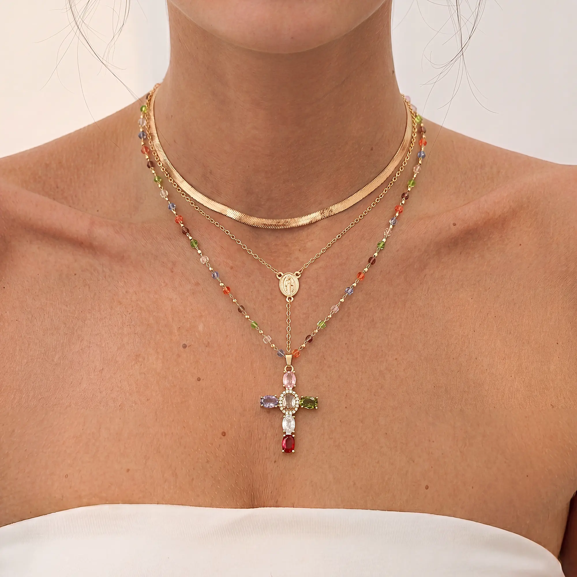 LAST DAY 49% OFF🔥14K Gold-Plated Gold Spacer Beads / Multicolor Cubic Zirconia Cross Pendant Necklace