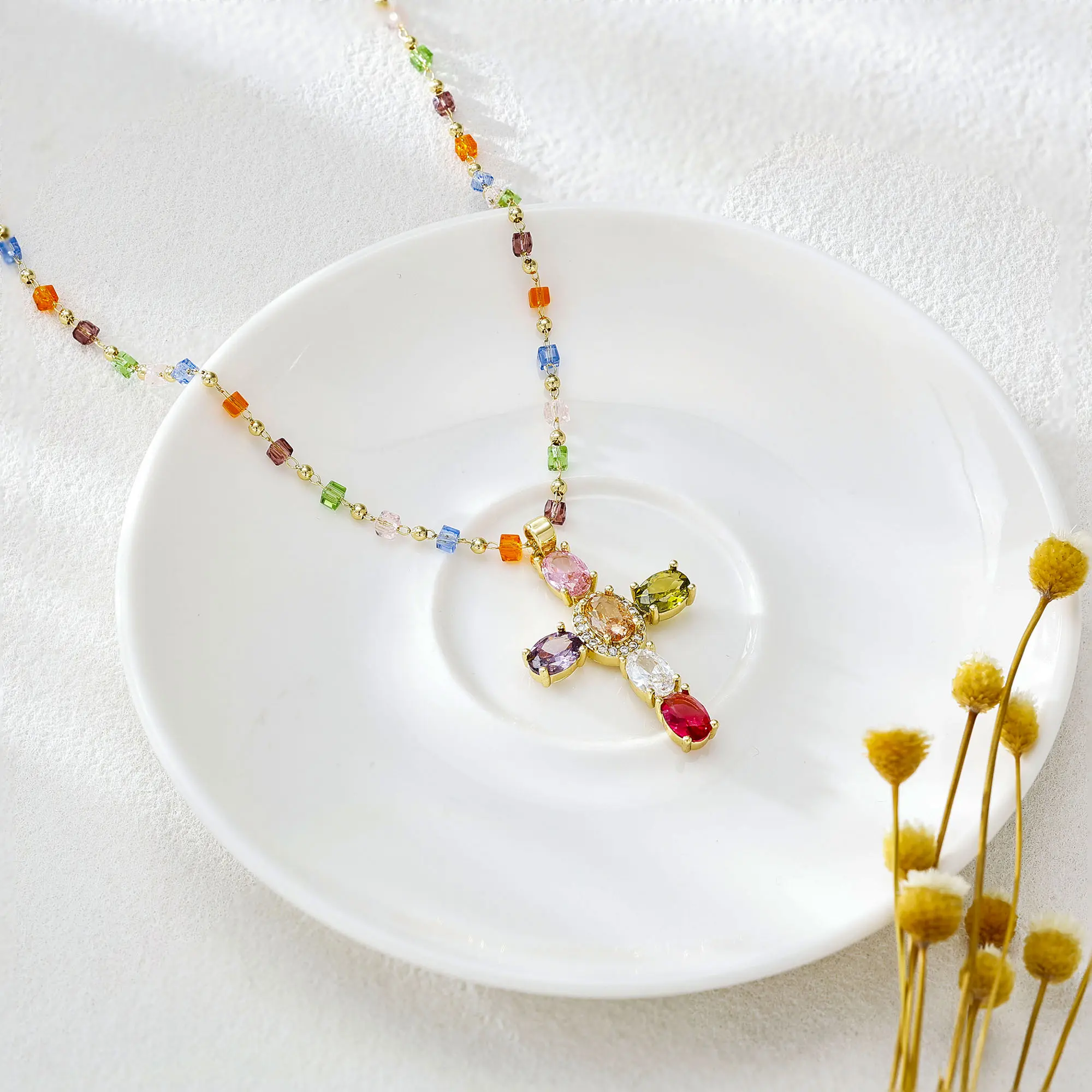 LAST DAY 49% OFF🔥14K Gold-Plated Gold Spacer Beads / Multicolor Cubic Zirconia Cross Pendant Necklace