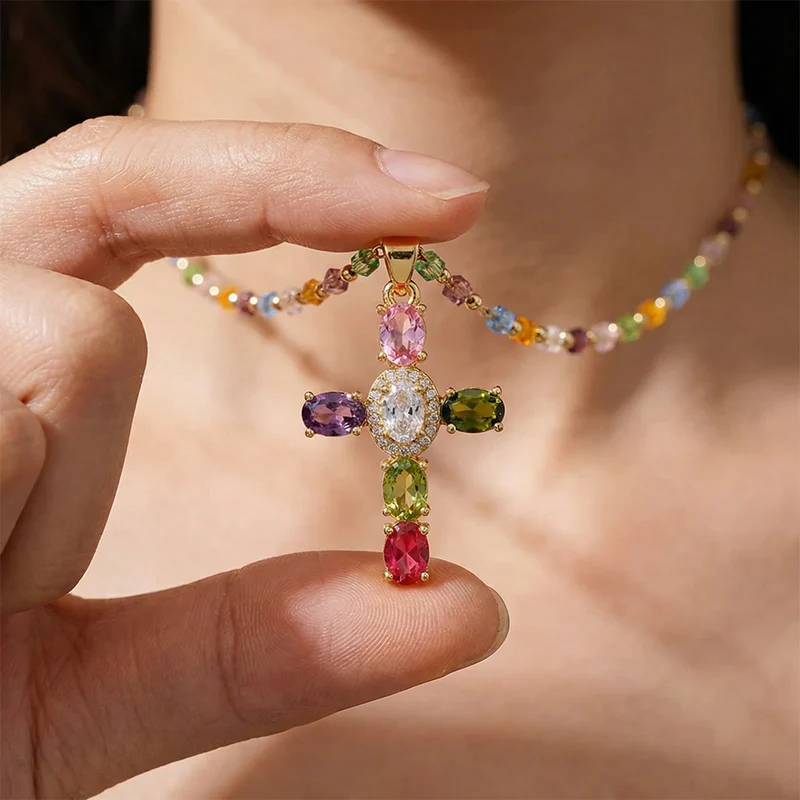 LAST DAY 49% OFF🔥14K Gold-Plated Gold Spacer Beads / Multicolor Cubic Zirconia Cross Pendant Necklace