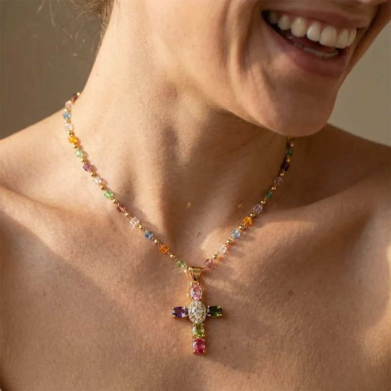 LAST DAY 49% OFF🔥14K Gold-Plated Gold Spacer Beads / Multicolor Cubic Zirconia Cross Pendant Necklace