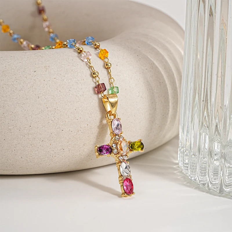 LAST DAY 49% OFF🔥14K Gold-Plated Gold Spacer Beads / Multicolor Cubic Zirconia Cross Pendant Necklace