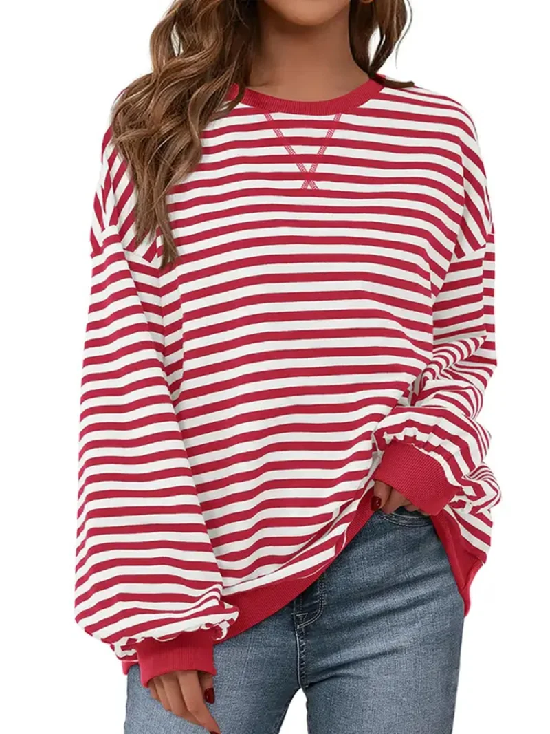 Women Striped Crew Neck Lantern Long Sleeve Loose Sweatshirt Top