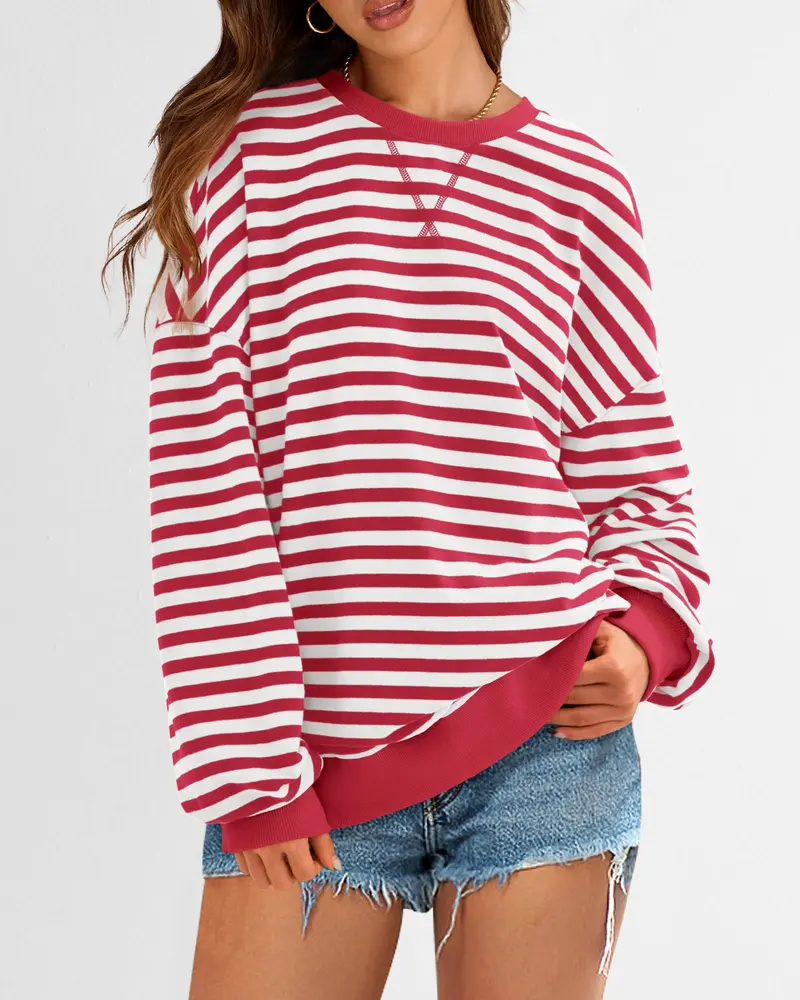 Women Striped Crew Neck Lantern Long Sleeve Loose Sweatshirt Top