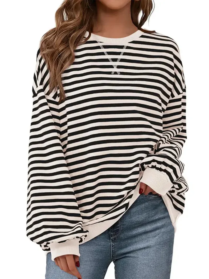 Women Striped Crew Neck Lantern Long Sleeve Loose Sweatshirt Top
