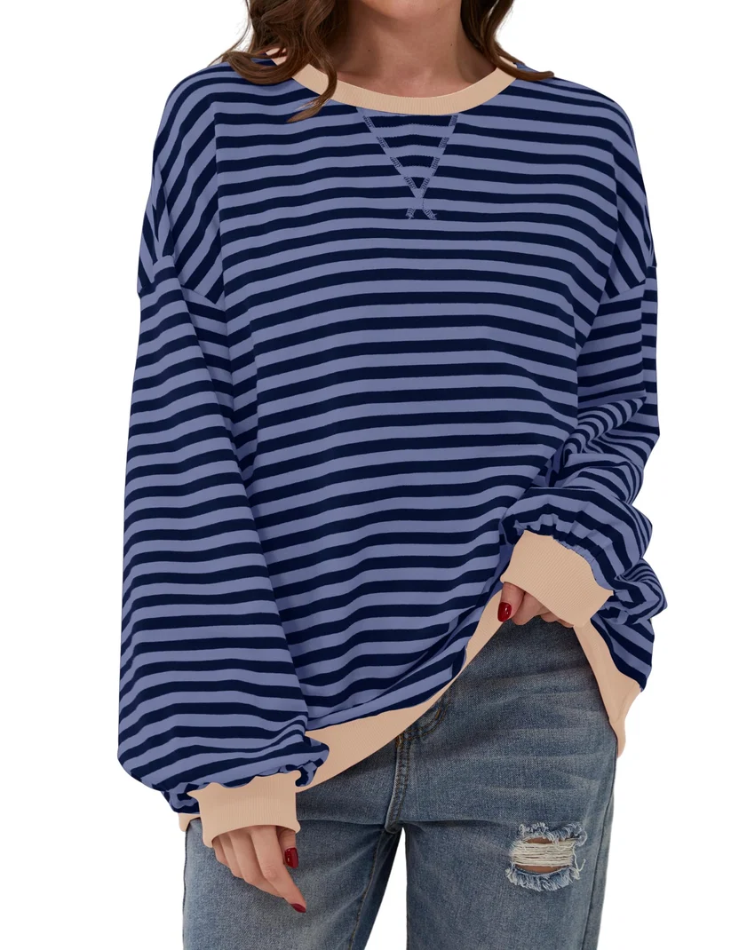 Women Striped Crew Neck Lantern Long Sleeve Loose Sweatshirt Top