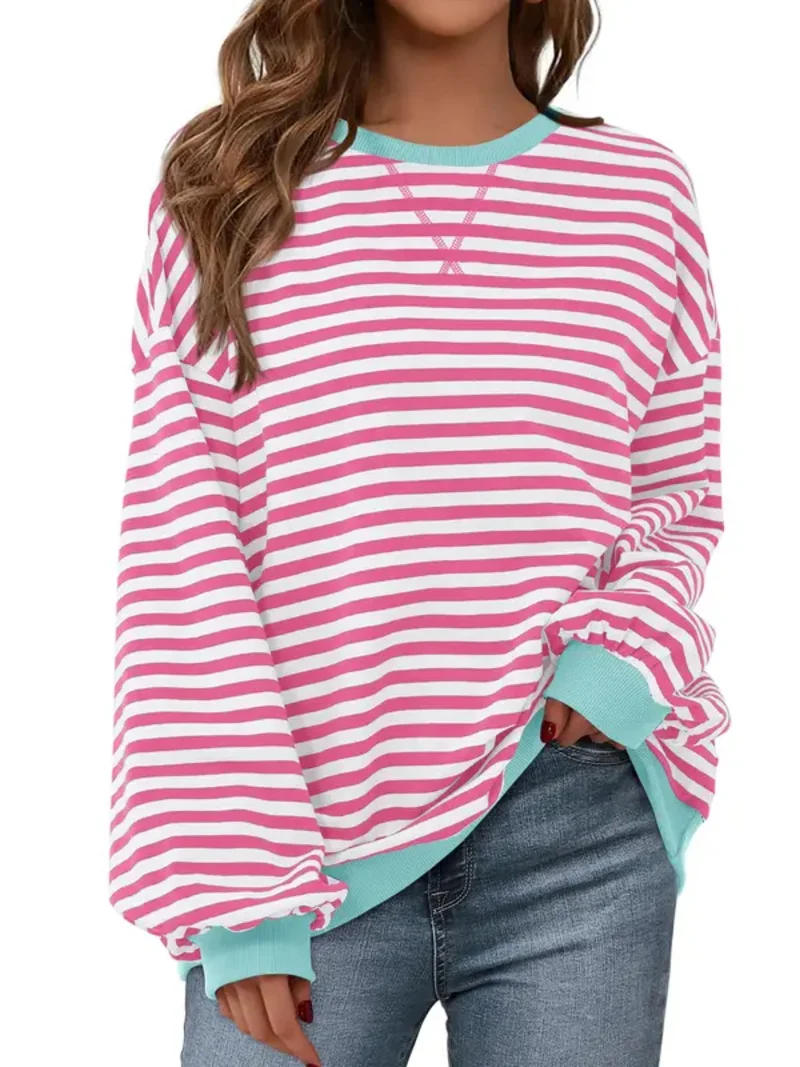 Women Striped Crew Neck Lantern Long Sleeve Loose Sweatshirt Top