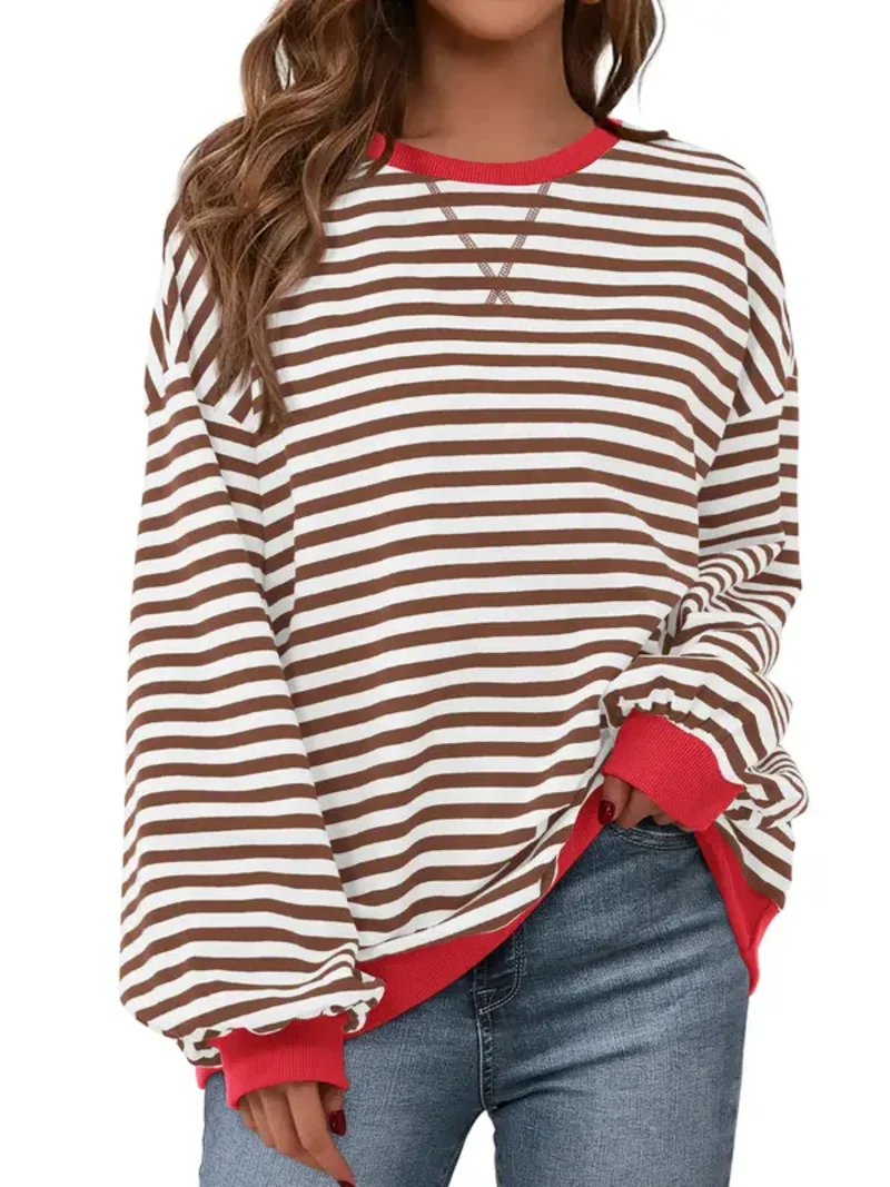 Women Striped Crew Neck Lantern Long Sleeve Loose Sweatshirt Top