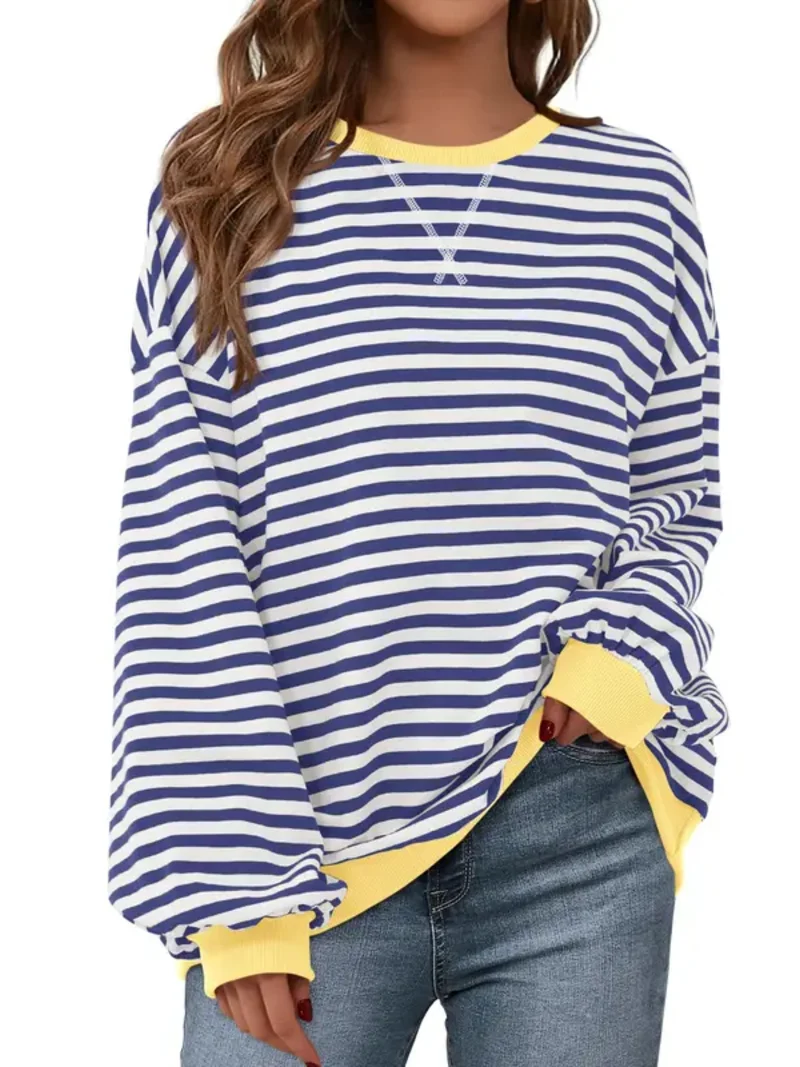 Women Striped Crew Neck Lantern Long Sleeve Loose Sweatshirt Top