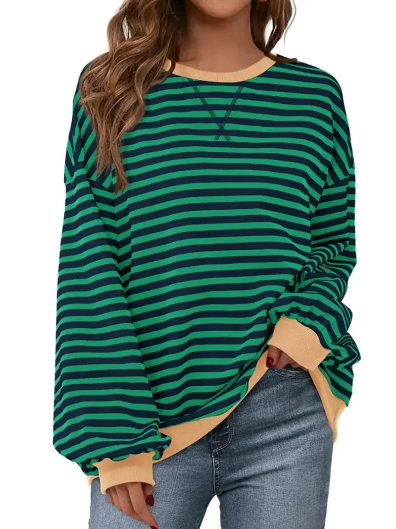 Women Striped Crew Neck Lantern Long Sleeve Loose Sweatshirt Top