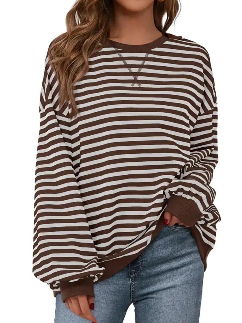 Women Striped Crew Neck Lantern Long Sleeve Loose Sweatshirt Top