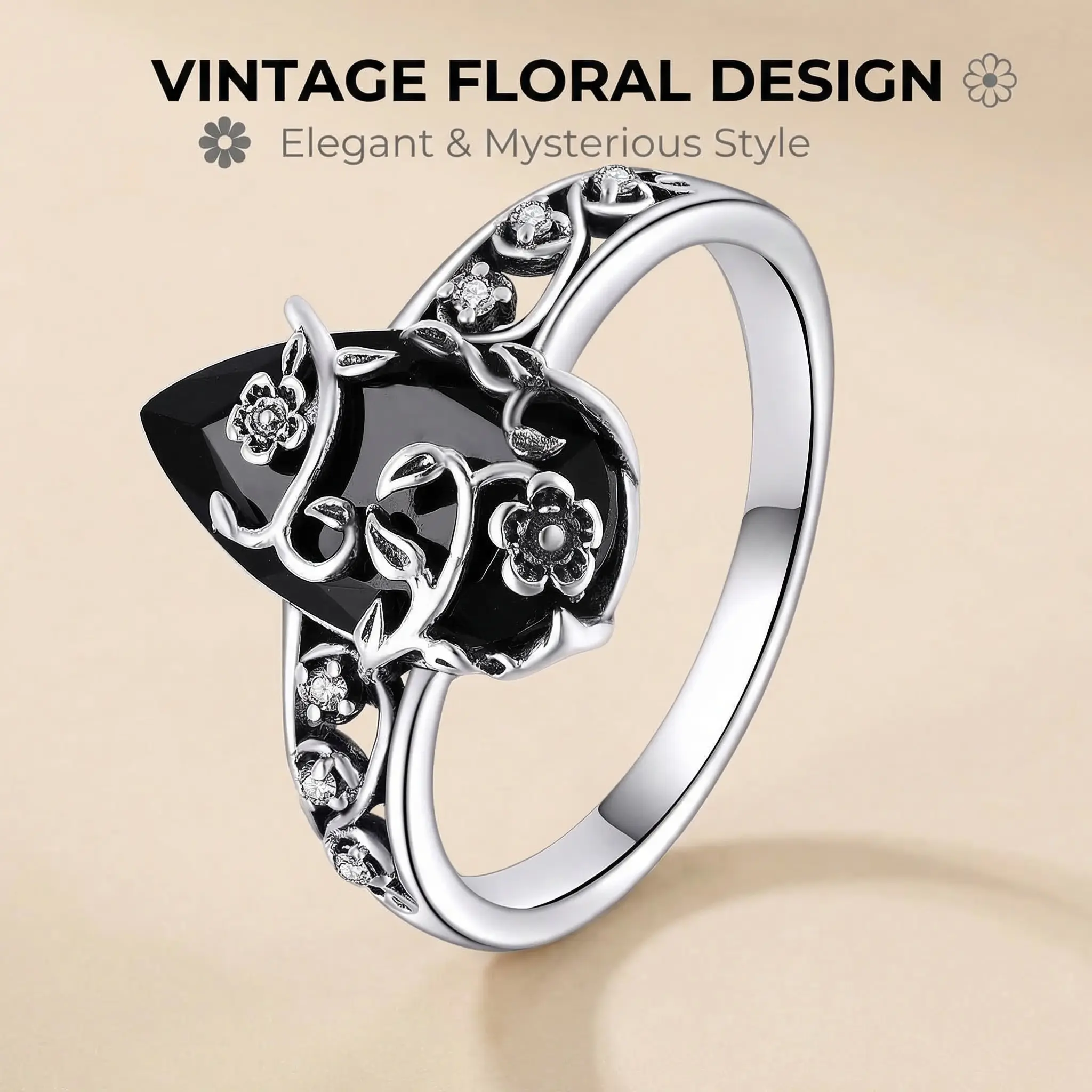 Bohemian Vintage Black Floral Vine Ring