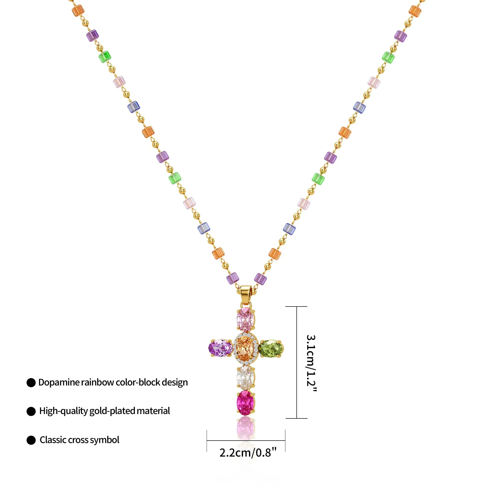 LAST DAY 49% OFF🔥14K Gold-Plated Gold Spacer Beads / Multicolor Cubic Zirconia Cross Pendant Necklace