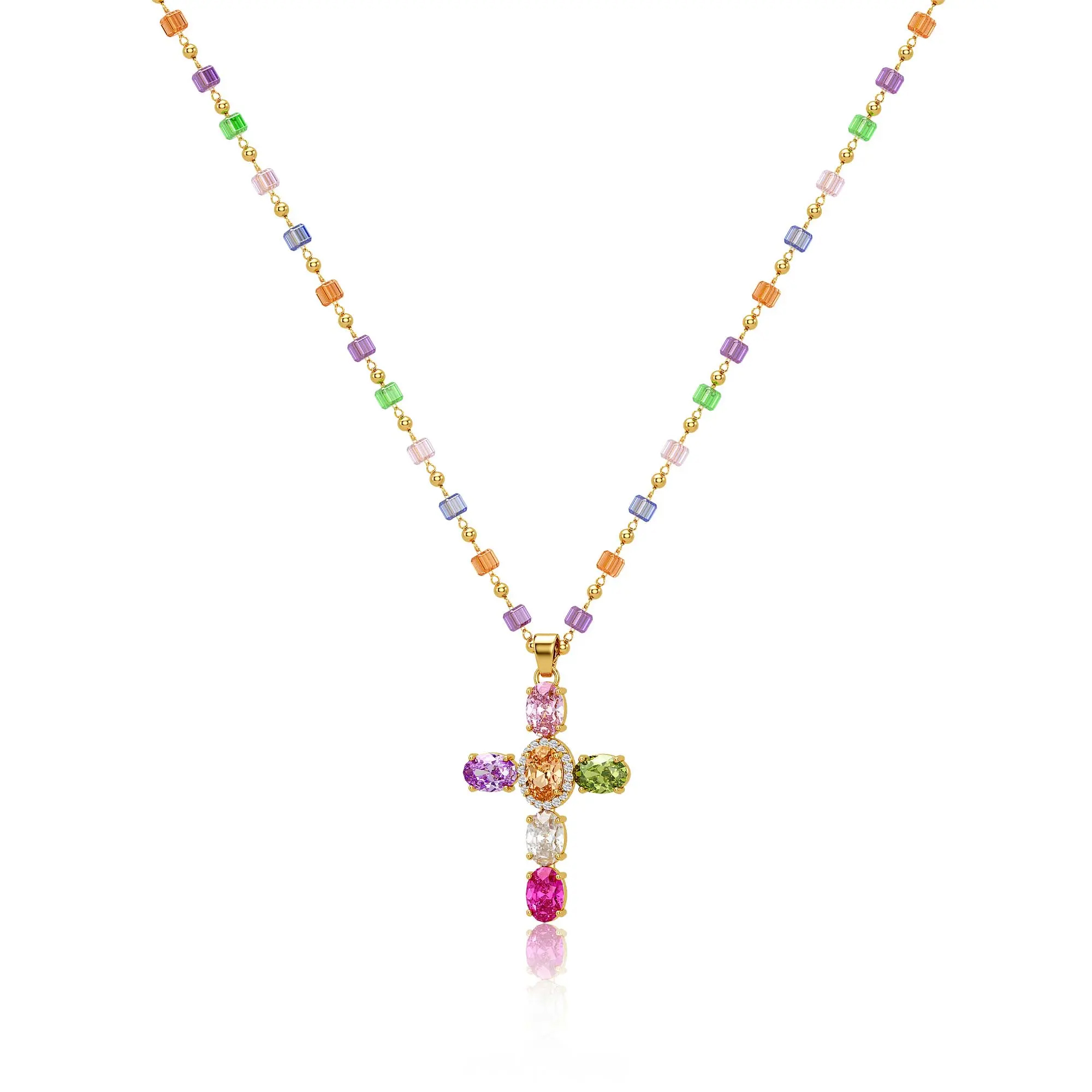 LAST DAY 49% OFF🔥14K Gold-Plated Gold Spacer Beads / Multicolor Cubic Zirconia Cross Pendant Necklace