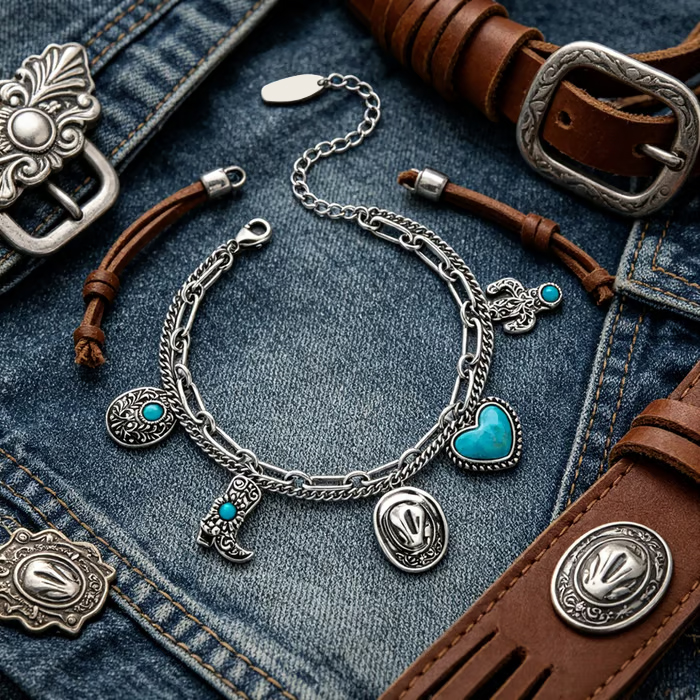 🏇🤠Handmade Western Cowboy Charm Bracelet with Boot Hat Cactus & Heart Charms🌵