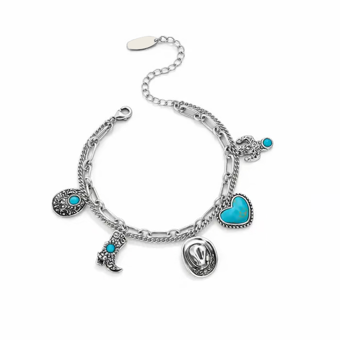 🏇🤠Handmade Western Cowboy Charm Bracelet with Boot Hat Cactus & Heart Charms🌵