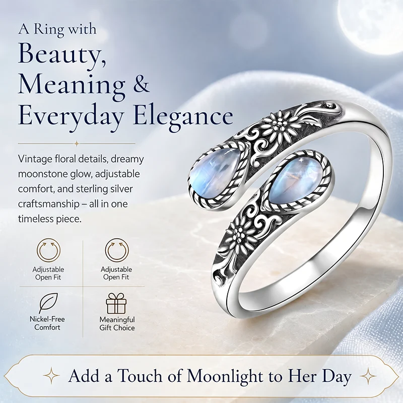 LAST DAY 49% OFF🔥Moonstone Bloom Ring | Vintage Style • Adjustable Fit • Timeless Elegance