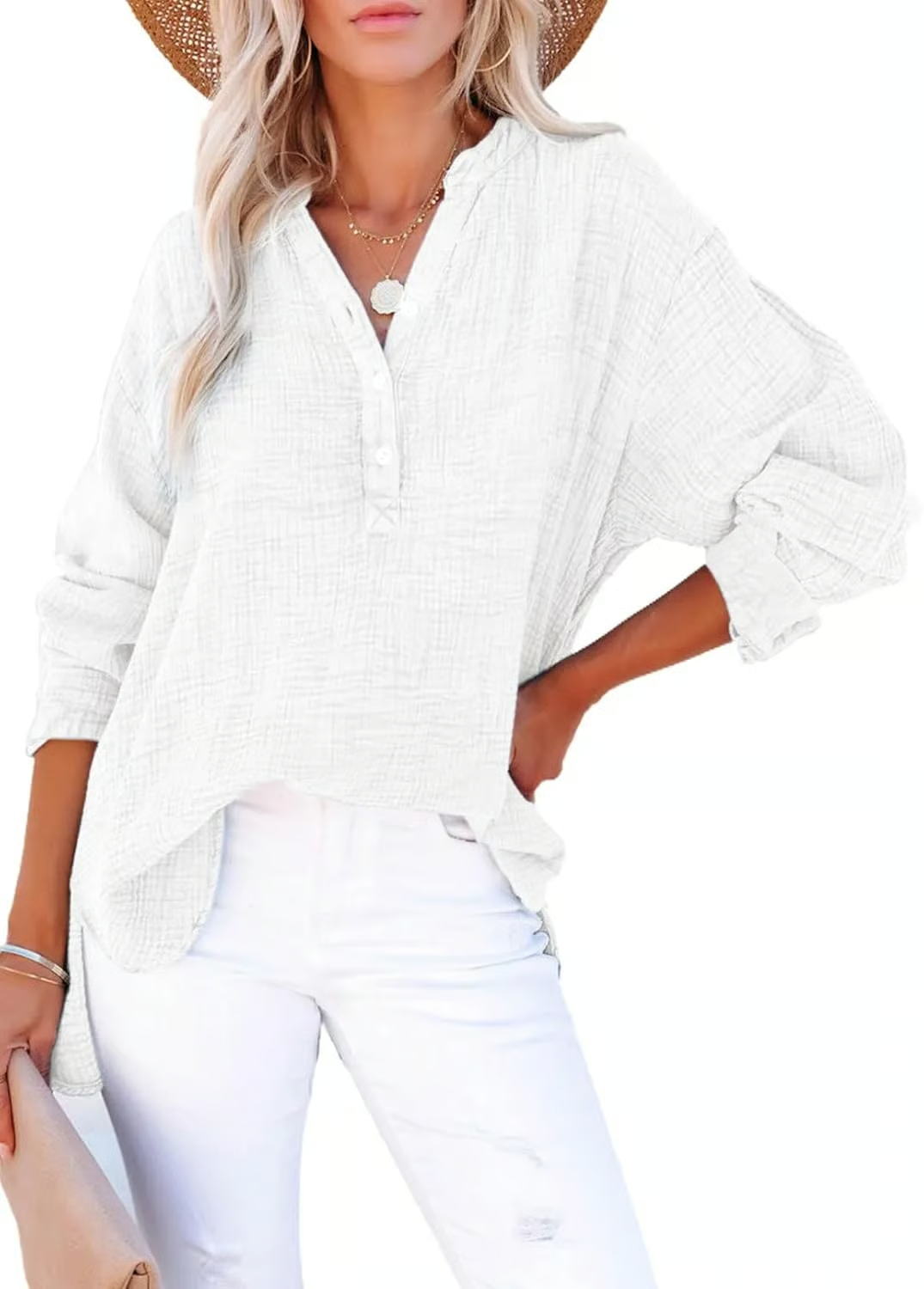 Limited time sale🔥Womens Casual Button Neck Long Sleeve Oversized BlousesTops