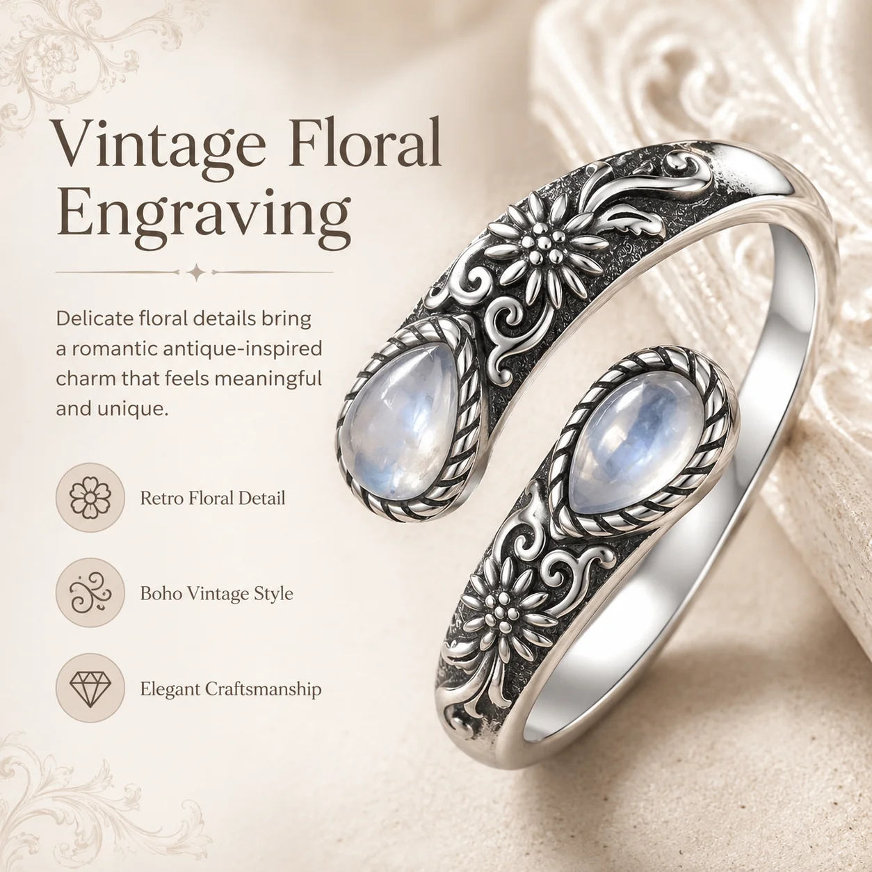 LAST DAY 49% OFF🔥Moonstone Bloom Ring | Vintage Style • Adjustable Fit • Timeless Elegance