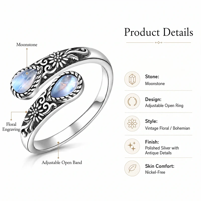 LAST DAY 49% OFF🔥Moonstone Bloom Ring | Vintage Style • Adjustable Fit • Timeless Elegance