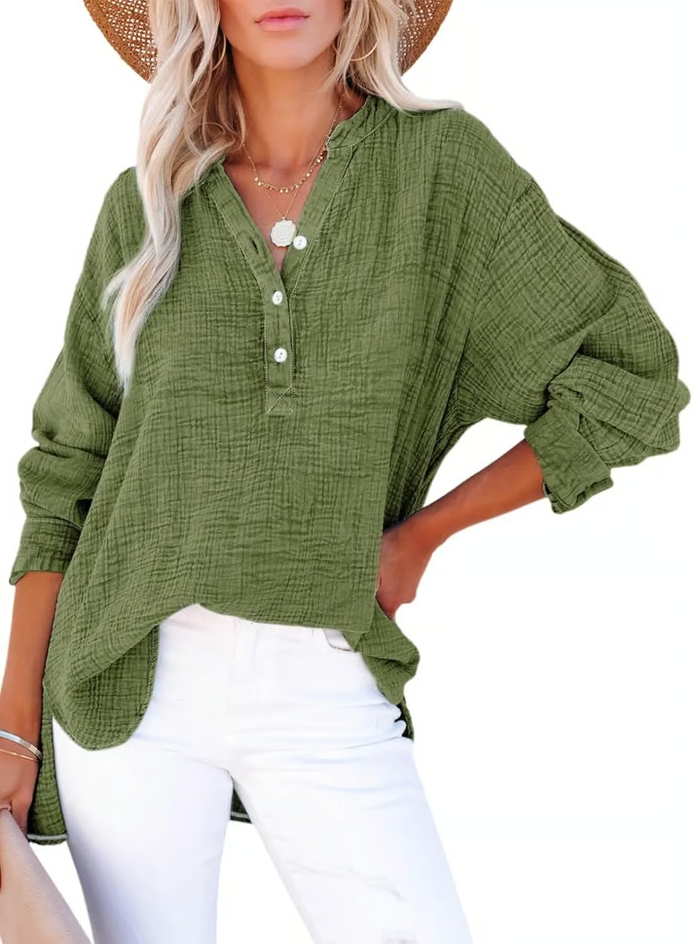 Limited time sale🔥Womens Casual Button Neck Long Sleeve Oversized BlousesTops
