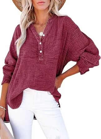 Limited time sale🔥Womens Casual Button Neck Long Sleeve Oversized BlousesTops
