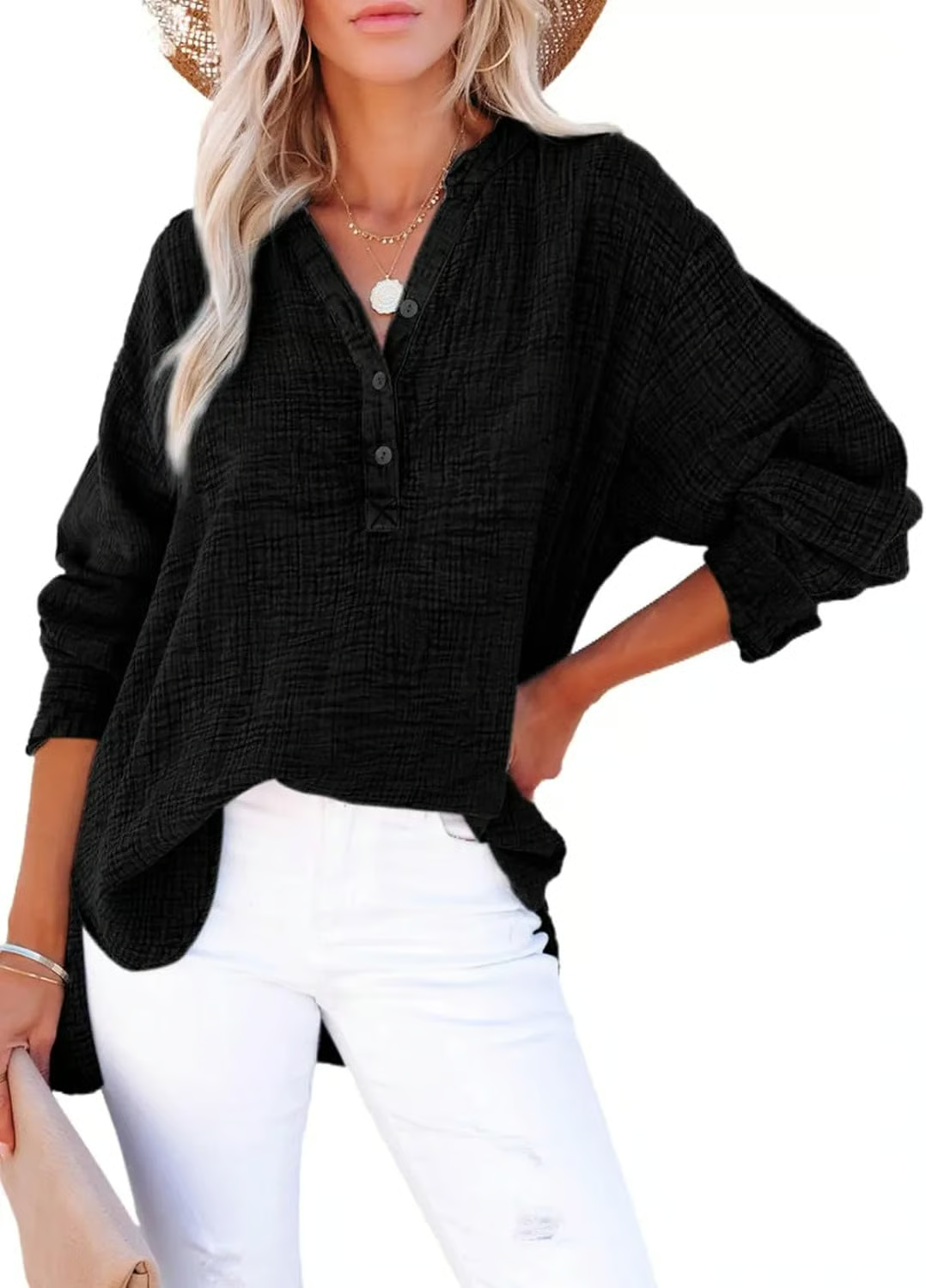 Limited time sale🔥Womens Casual Button Neck Long Sleeve Oversized BlousesTops