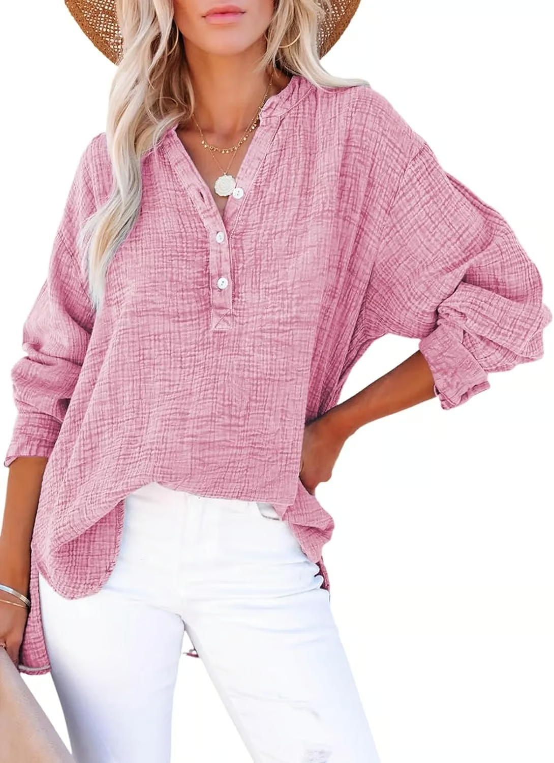 Limited time sale🔥Womens Casual Button Neck Long Sleeve Oversized BlousesTops