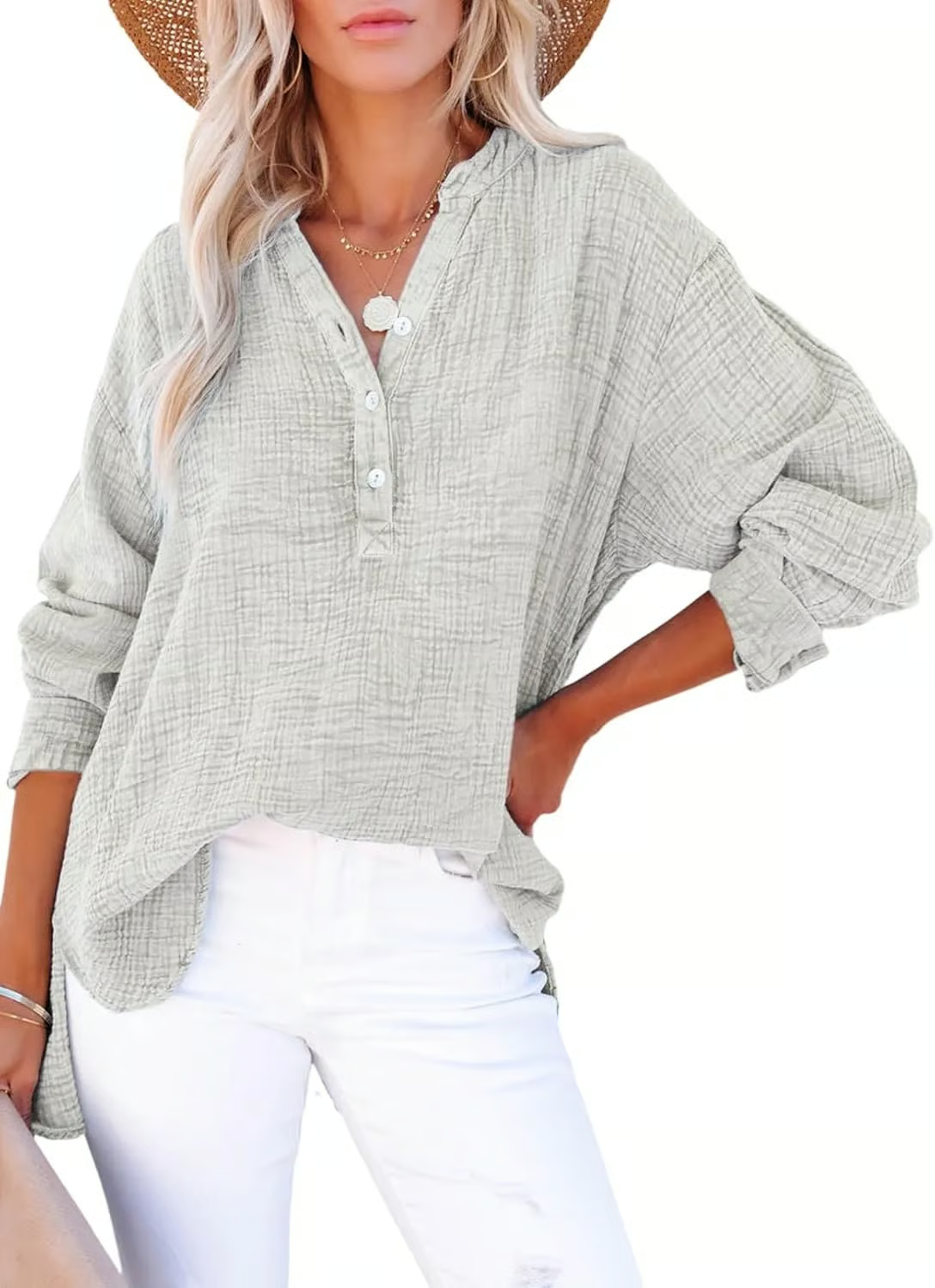 Limited time sale🔥Womens Casual Button Neck Long Sleeve Oversized BlousesTops