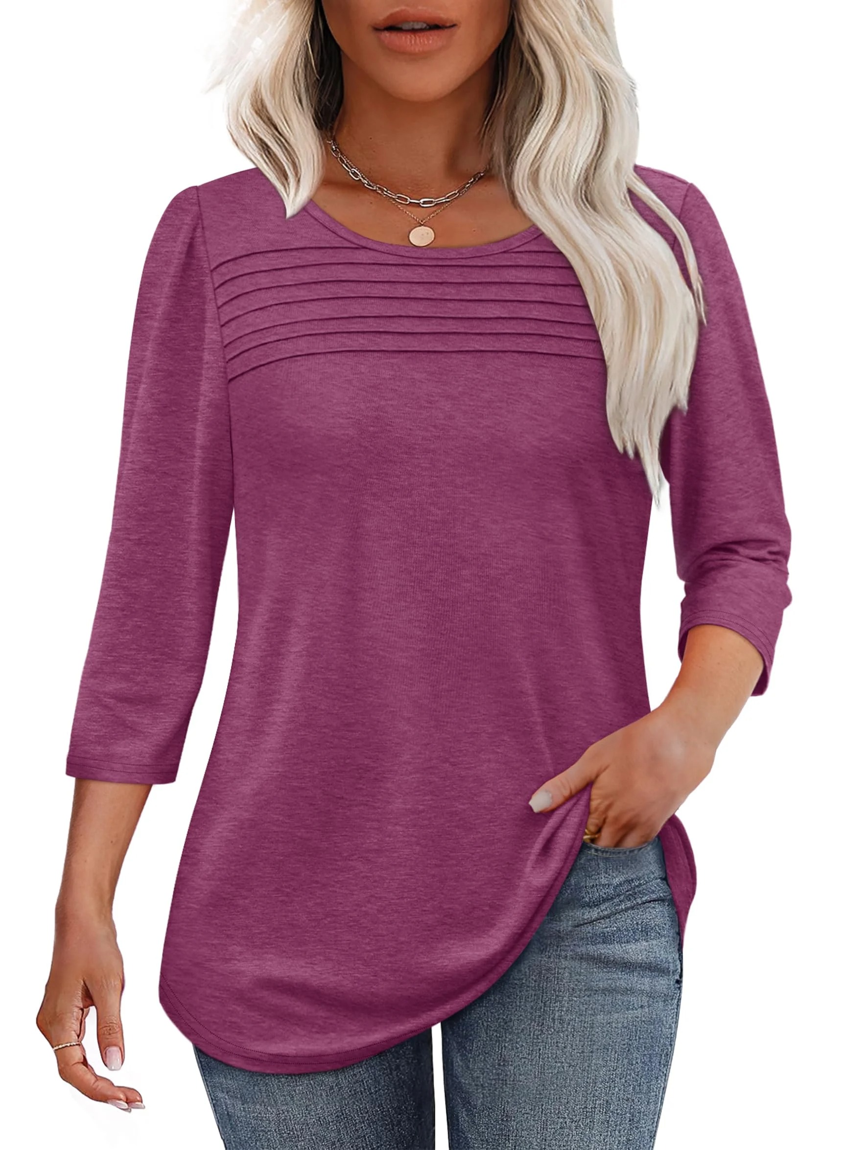 🔥Last Day 49% OFF🔥 Women's 3/4 Length Sleeve Top Pleated Front T-Shirt