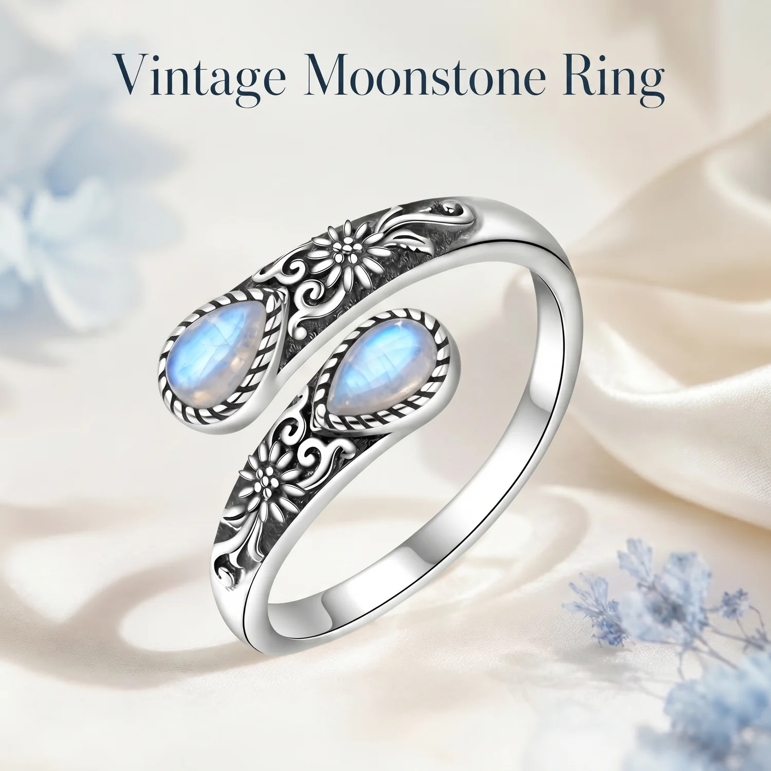 LAST DAY 49% OFF🔥Moonstone Bloom Ring | Vintage Style • Adjustable Fit • Timeless Elegance