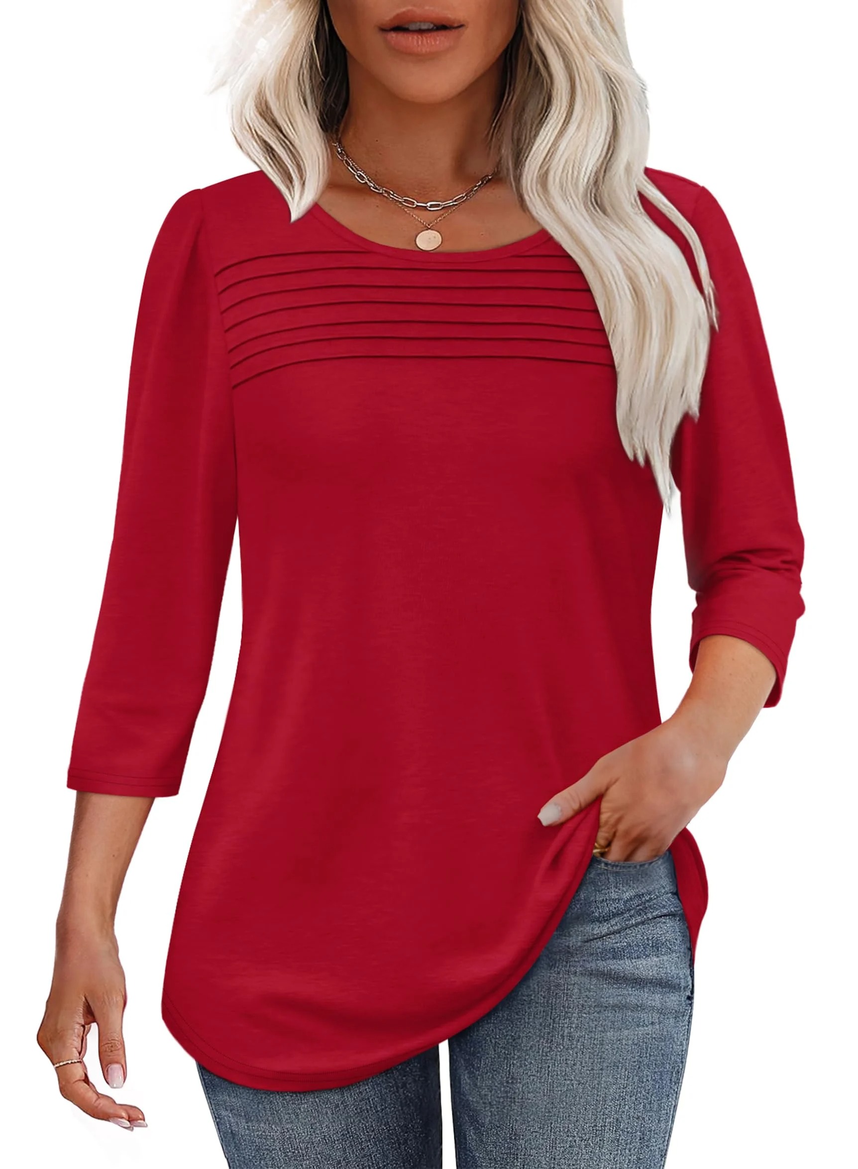 🔥Last Day 49% OFF🔥 Women's 3/4 Length Sleeve Top Pleated Front T-Shirt