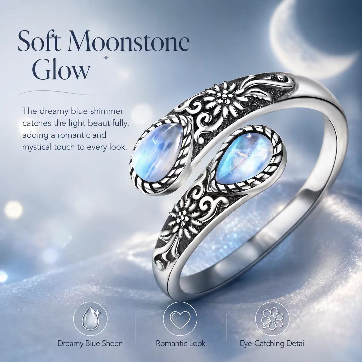 LAST DAY 49% OFF🔥Moonstone Bloom Ring | Vintage Style • Adjustable Fit • Timeless Elegance