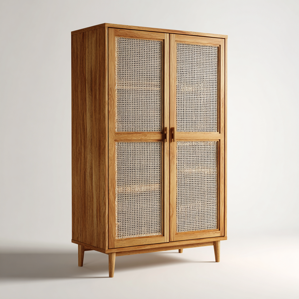 Armadio in legno con ante e pannelli intrecciati 95x50x175 cm - marrone - design vintage per camera-Havengoshop