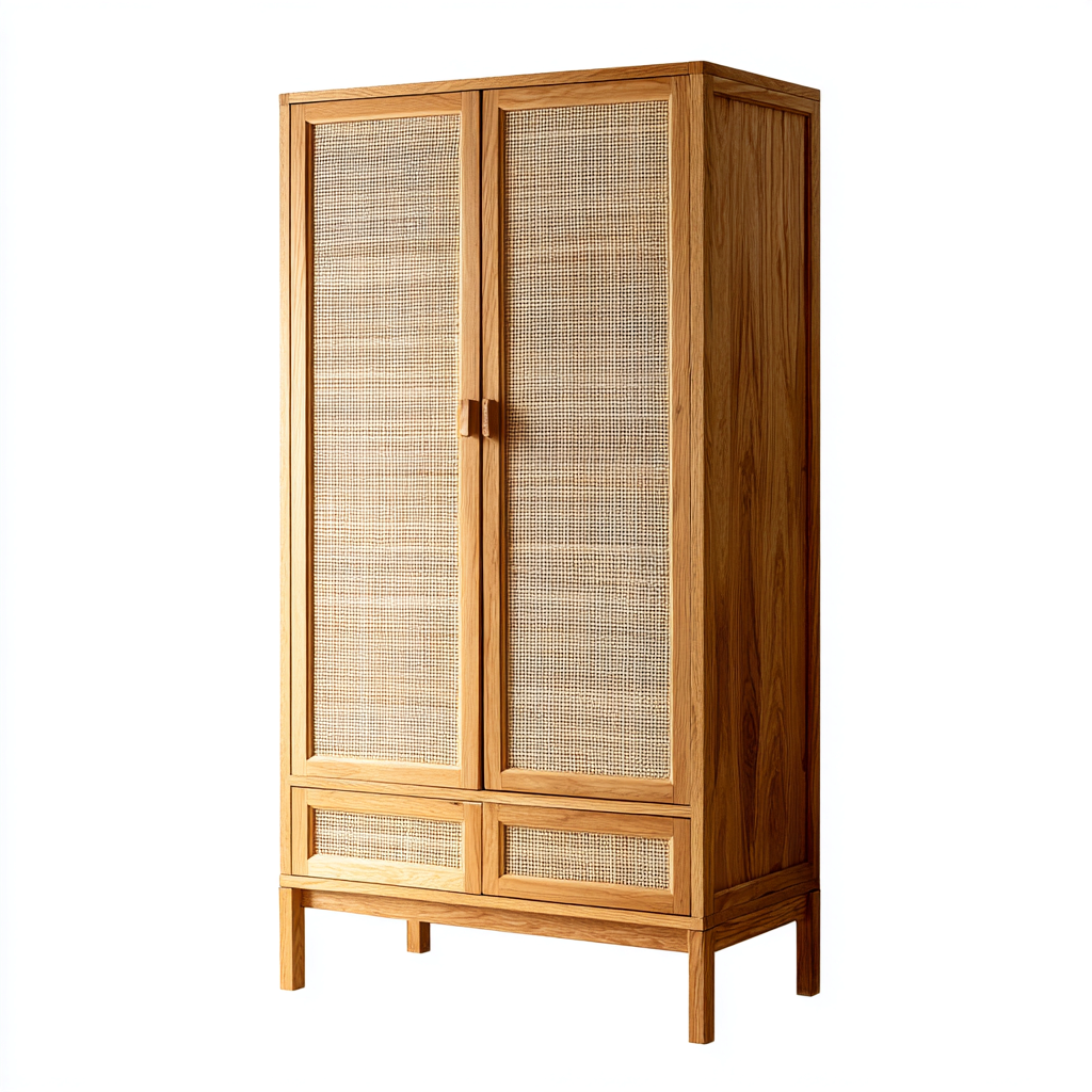 Armadio in legno con ante e pannelli intrecciati 90x50x180 cm - marrone - design naturale per camera-Havengoshop