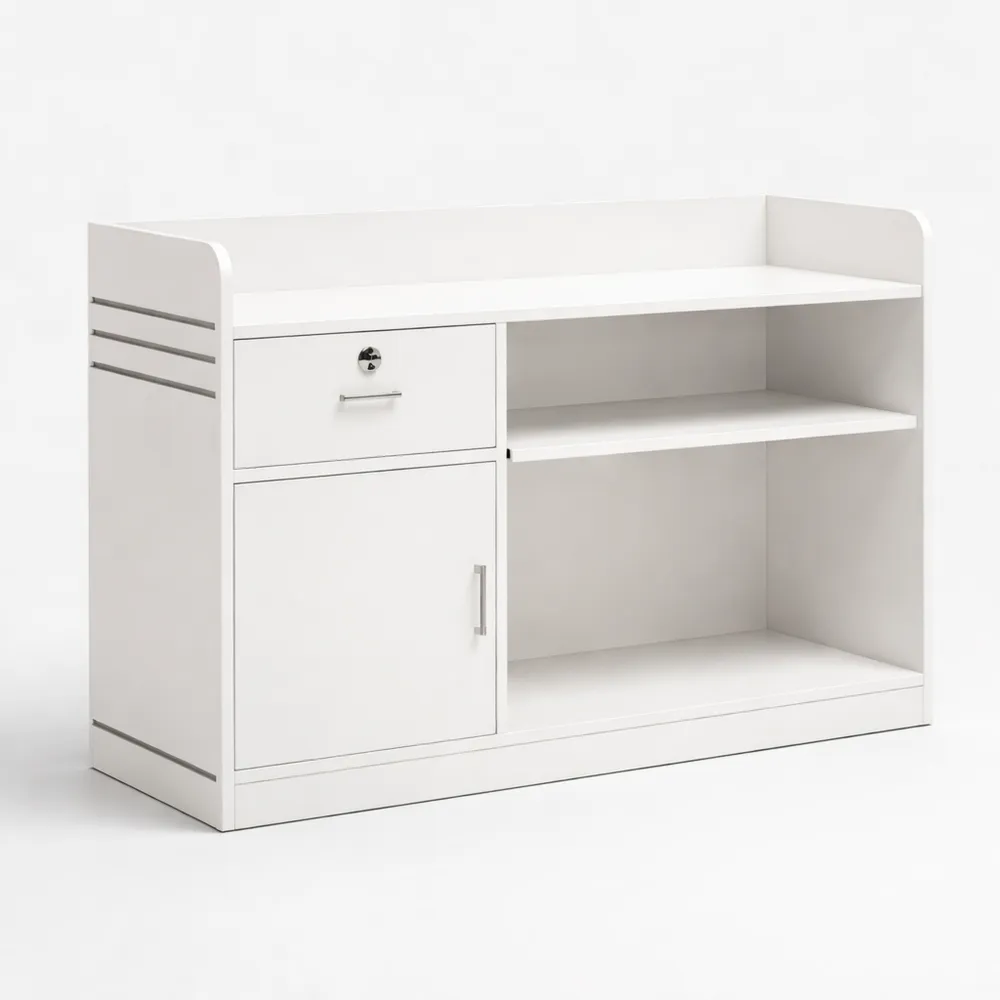 Banco reception moderno per lobby e saloni, tavolo compatto con contenitore per servizio clienti