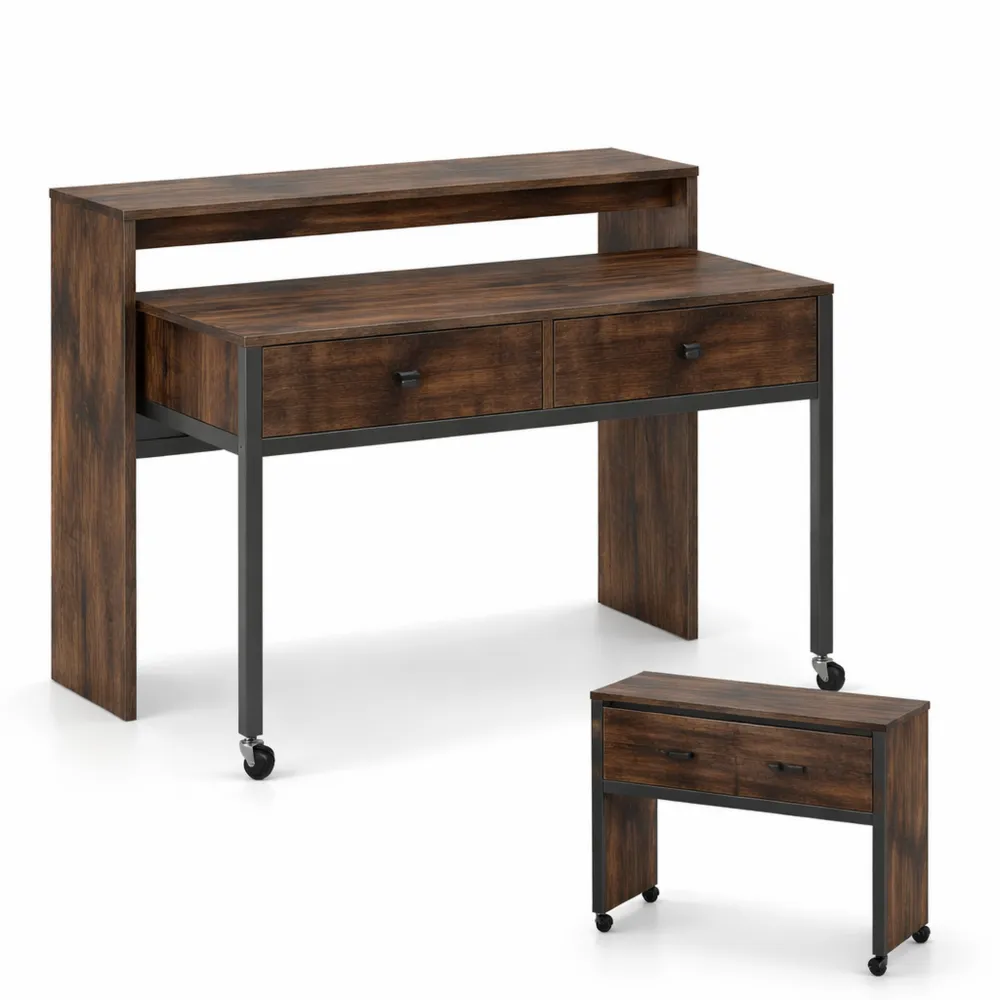 Scrivania per Computer Retrattile con Cassetti e Ruote Bloccabili, 100 x 63 x 88 cm, per Ufficio e Casa