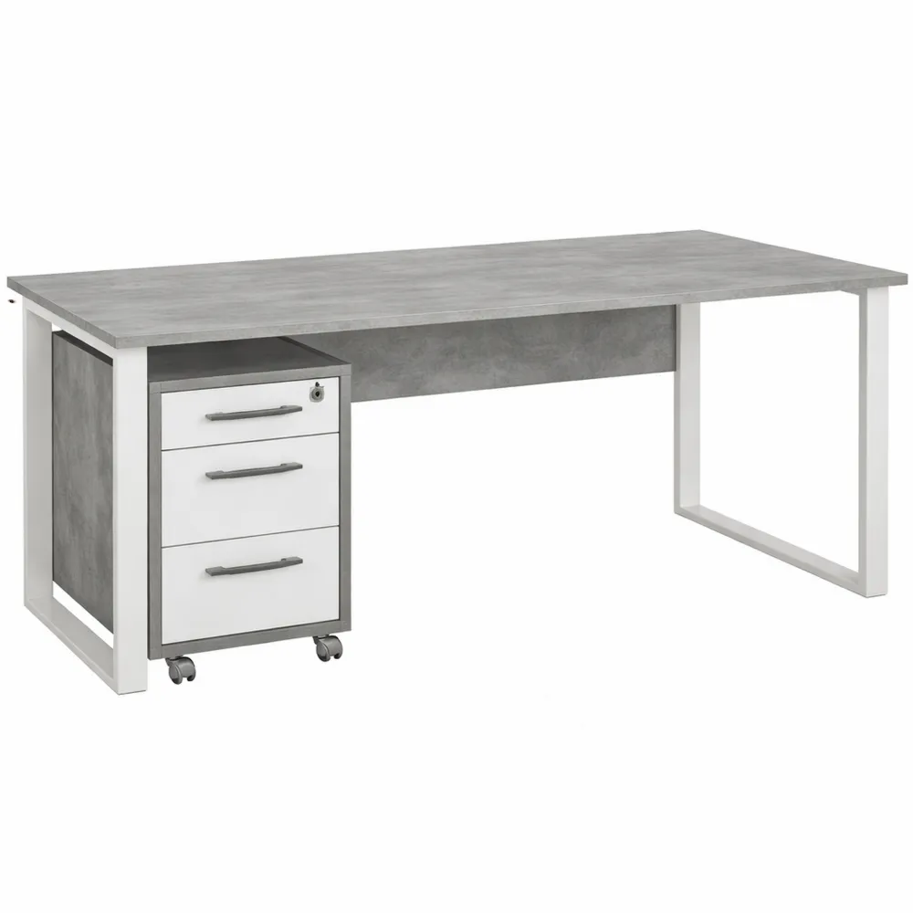 Scrivania con Cassettiera a 3 Cassetti e Serratura, Set di Mobili per Ufficio, Grigio Cemento e Bianco Laccato, 170x74,5x80 cm