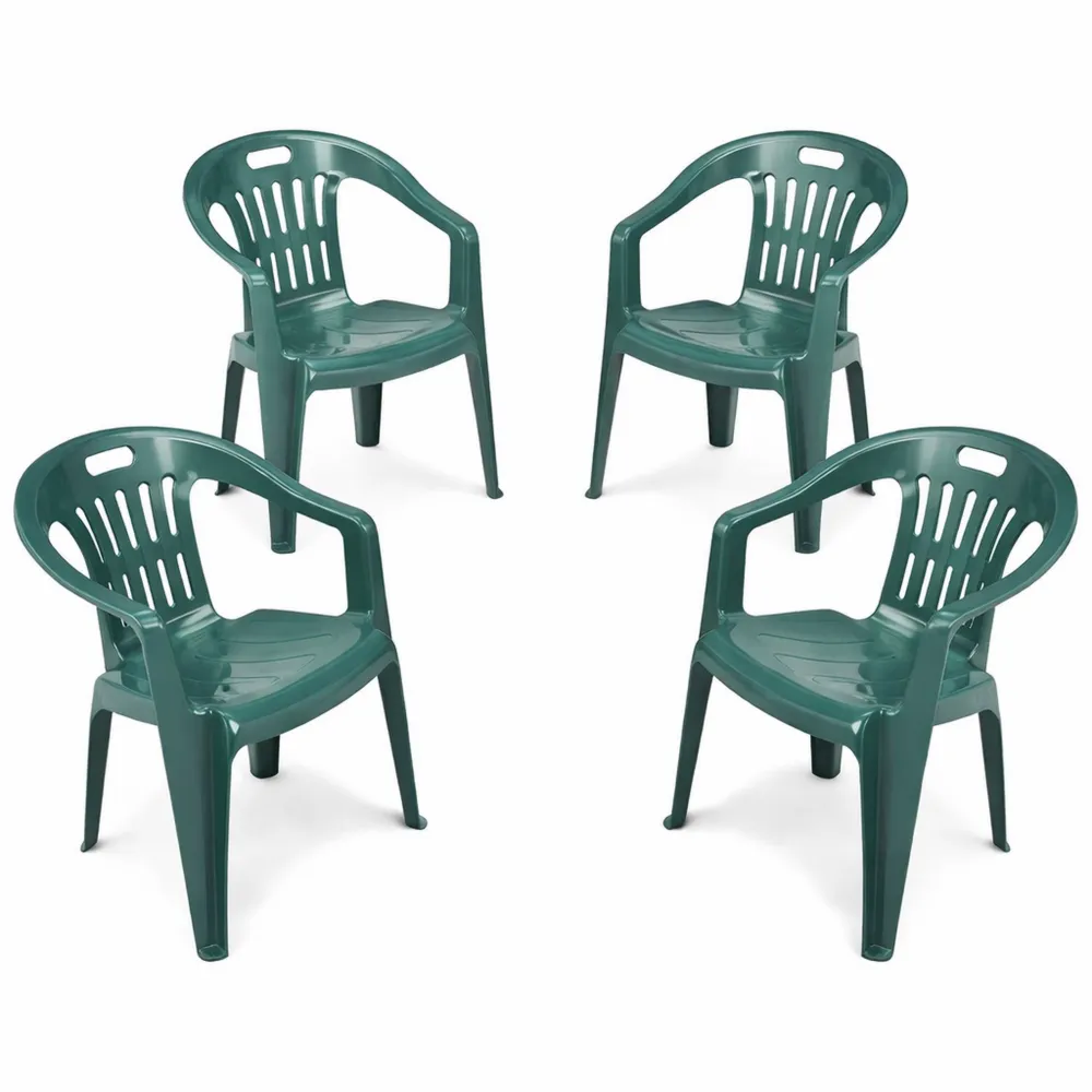 Set di 4 Sedie Verdi in Resina per Giardino con Braccioli