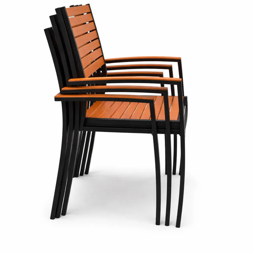 Sgabello da Esterno con Braccioli, Alluminio e Legno di Eucalipto, Sedia Impilabile per Ristorante e Giardino, Colore Marrone e Nero