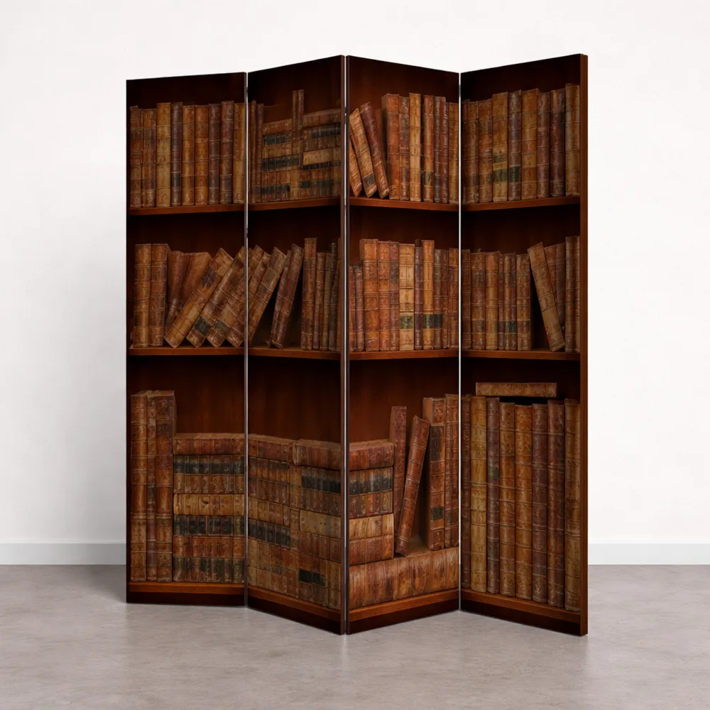 Paravento 4 Pannelli in Legno con Stampa Libreria Antica