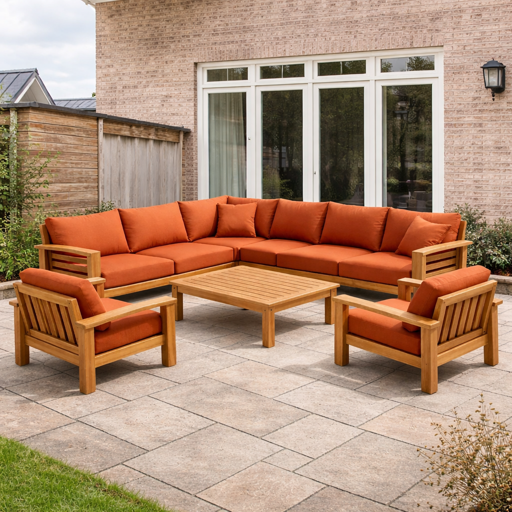 Garten sofa set teakholz ecksofa mit polyesterkissen orange-NESTFUSIONHOME