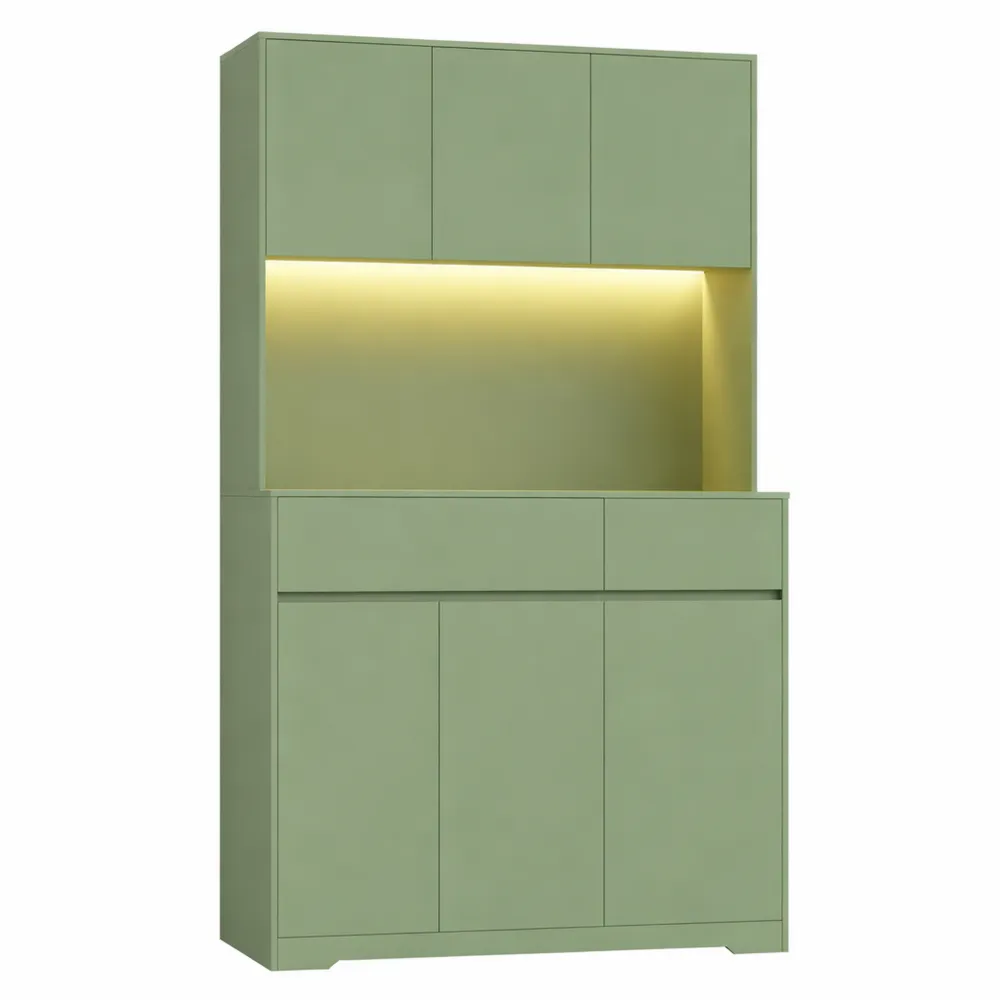 Mobile Cucina con Presa e Luce LED, Dispensa con Ripiani Regolabili, Ampio Piano di Lavoro, Verde, 100x38,5x180cm