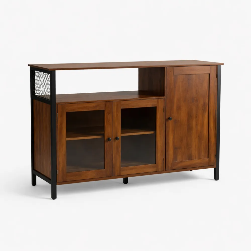 Credenza da Cucina Industriale con Ante in Vetro, Marrone Scuro e Nero