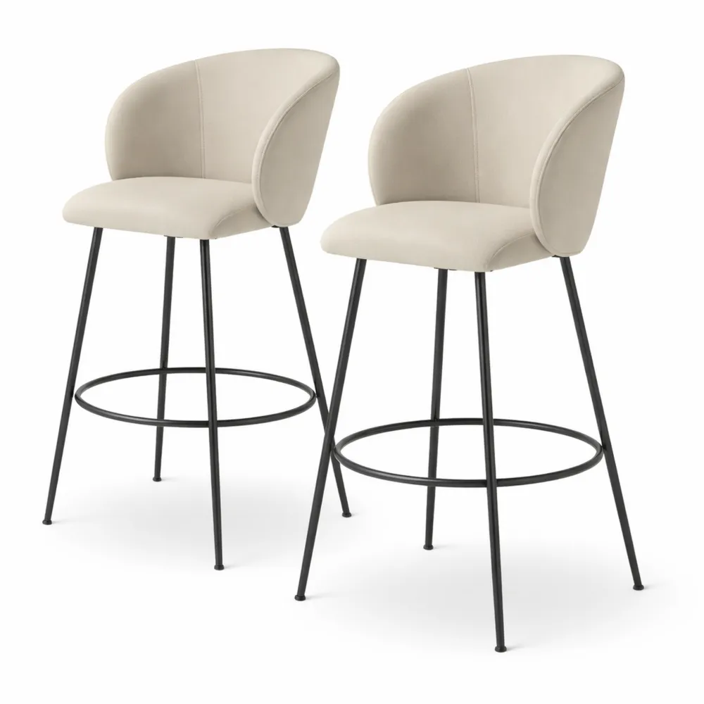 Set di 2 sgabelli da bar alti in velluto con poggiapiedi, gambe in acciaio e piedini antiscivolo, per cucina e bistrot - Crema/Nero