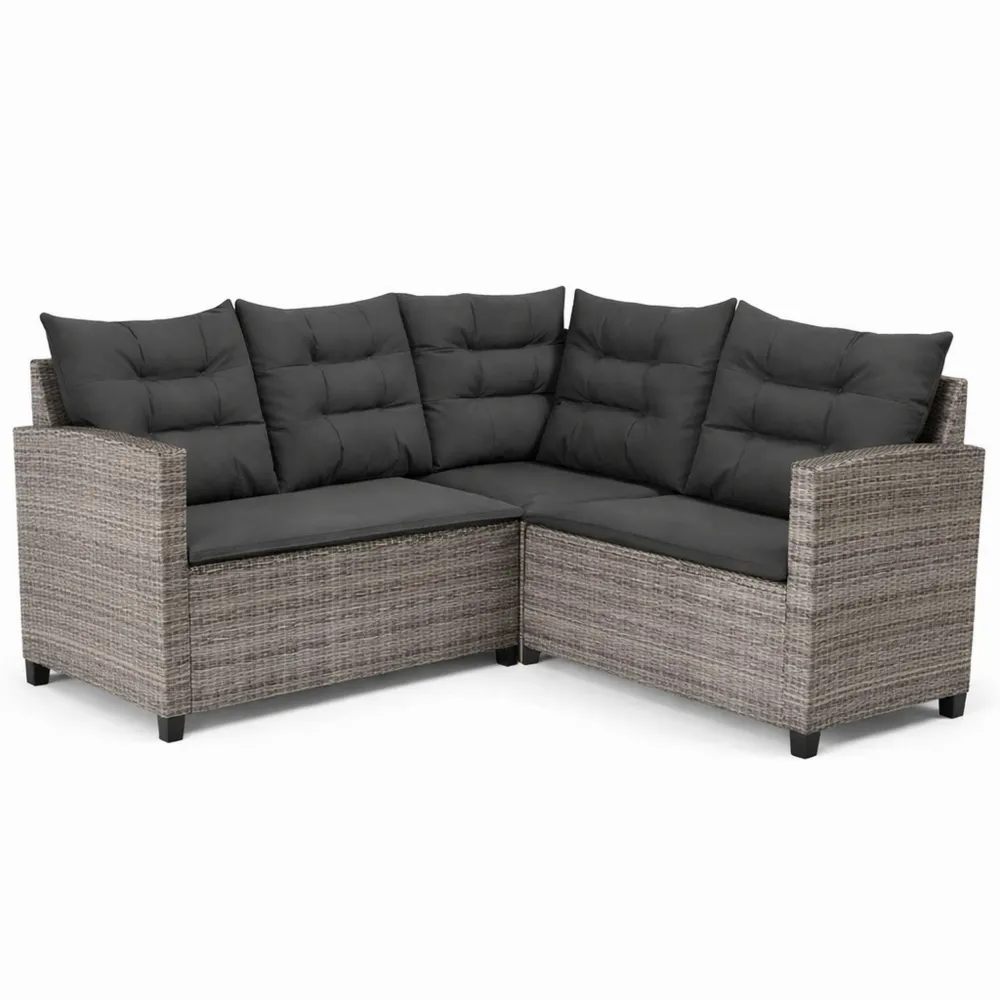 Divano Angolare da Giardino con Tavolo e Cuscini Grigi in Polyrattan