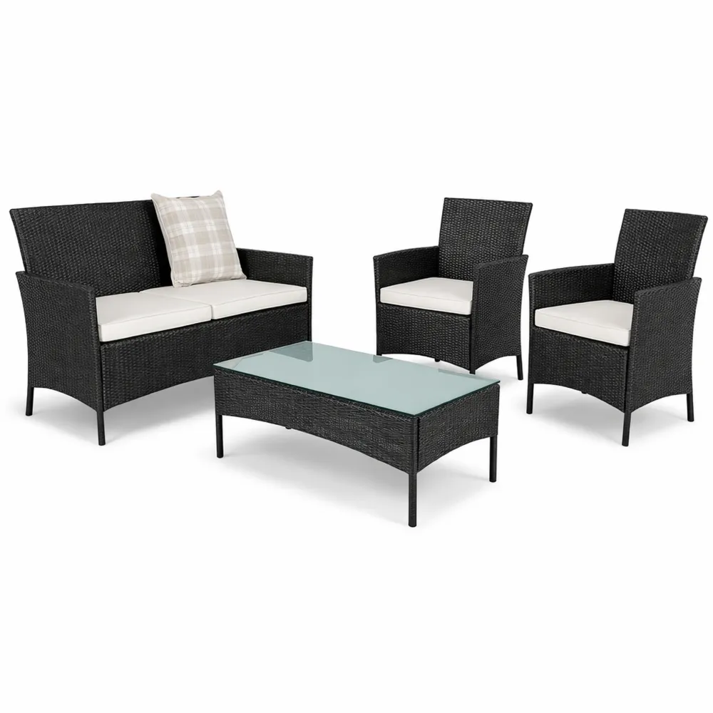 Set salotto giardino con divano, poltrone e tavolino in rattan nero