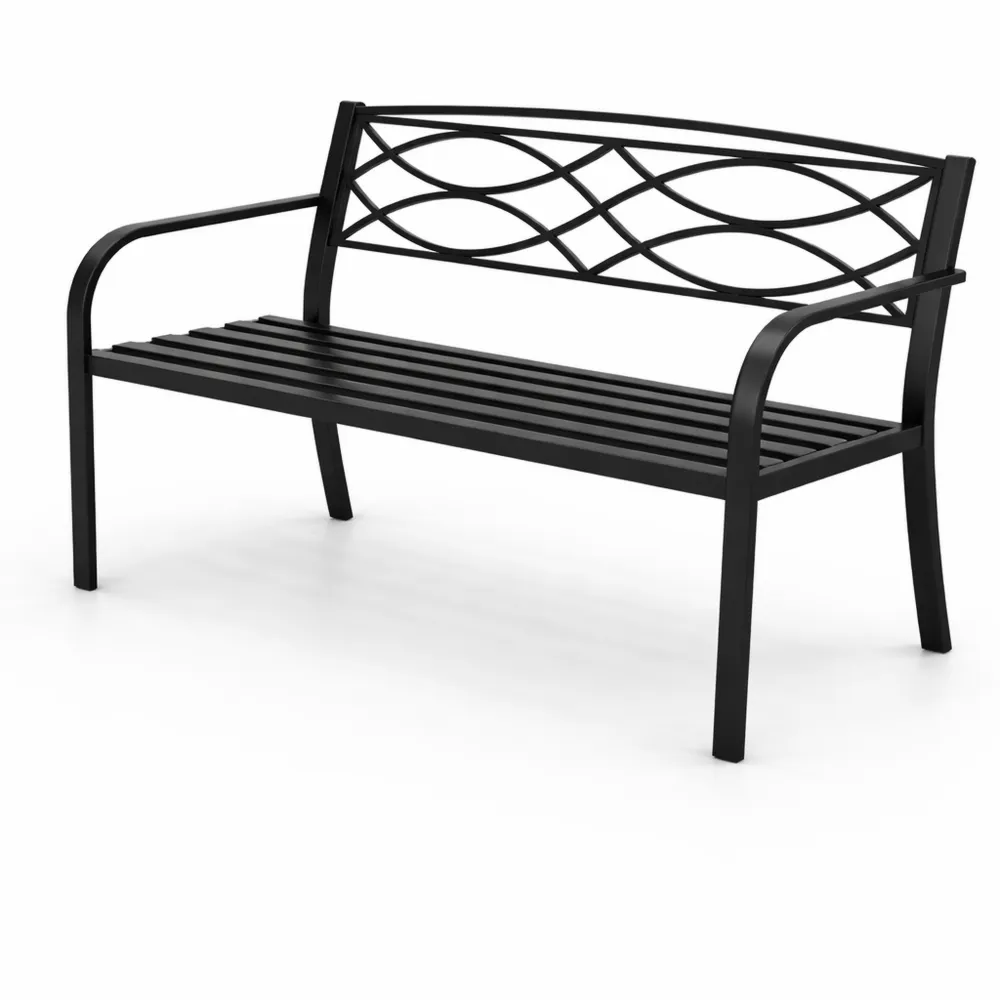 Panchina da Giardino in Metallo con Schienale Geometrico, Braccioli e Seduta a Doghe