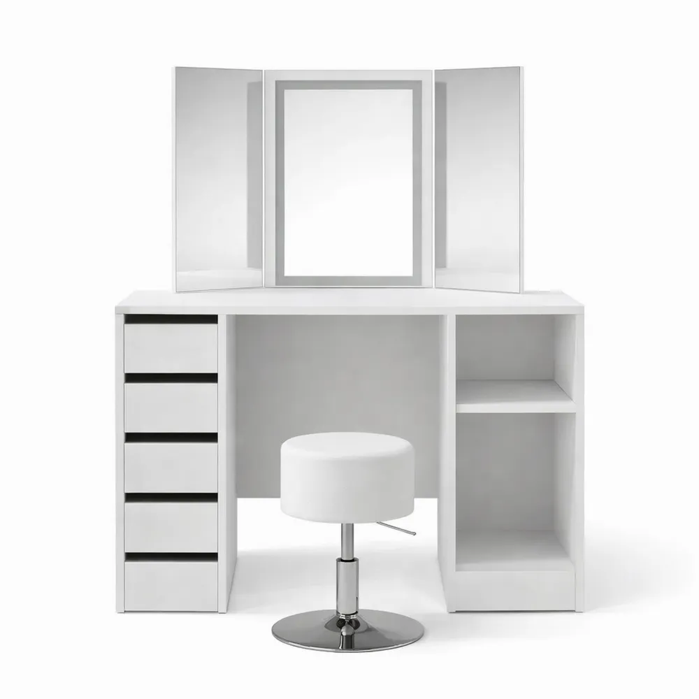 Tavolo da trucco angolare con specchio e sgabello LED, Bianco, 110 cm