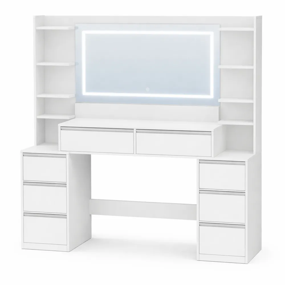 Toeletta con Specchio LED e Prese Integrate, Grande Tavolo Trucco con 8 Cassetti e Ripiani, Bianco-Argento Moderno